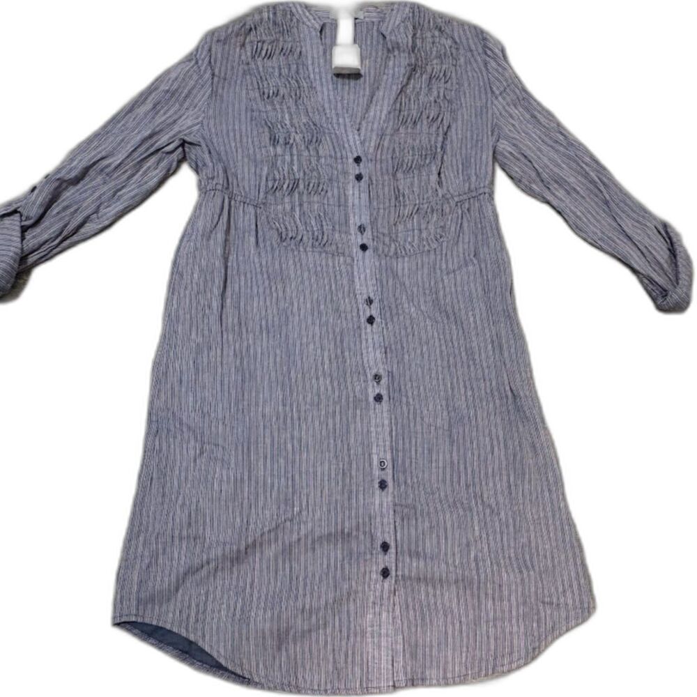 NWT Delia’s Dress M Blue Stripe Cotton Button Up 3/4 Roll Tab Sleeves Y2K Casual